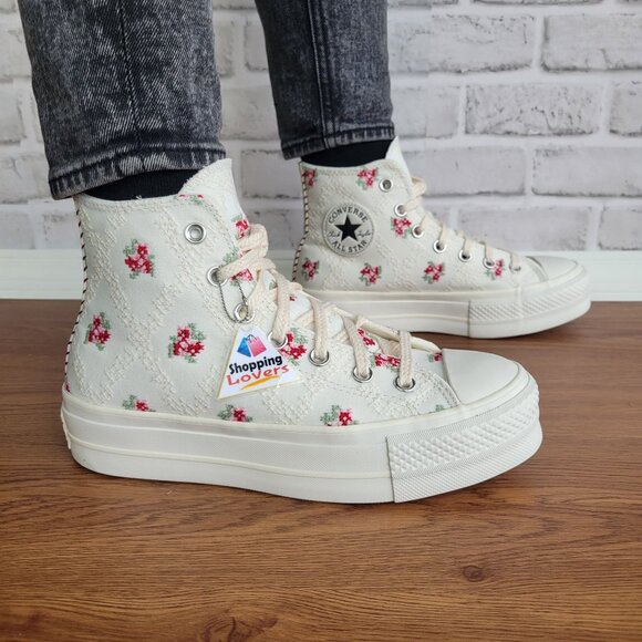 ⭐Converse Chuck Taylor Lift Rose Cross Stitch Sz 7.5 Women's Shoes White A13659C - Picture 4 of 12